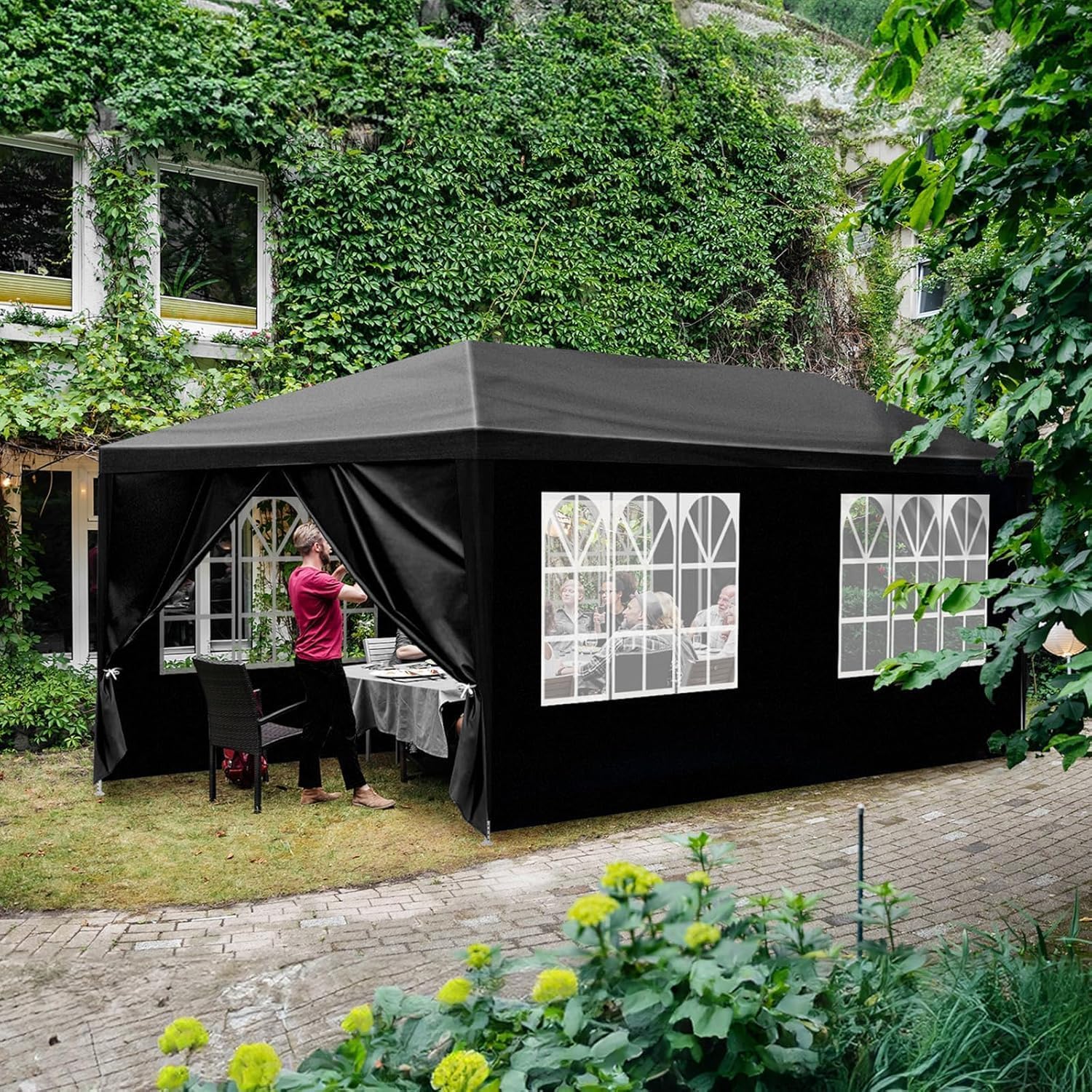 Party Tent for Outdoor Wedding, Birthday, Event, Patio Gazebo, Carport Canopy Shade With Removable Sidewalls & Transparent Window (10'x20'/6 Sidewalls Black)