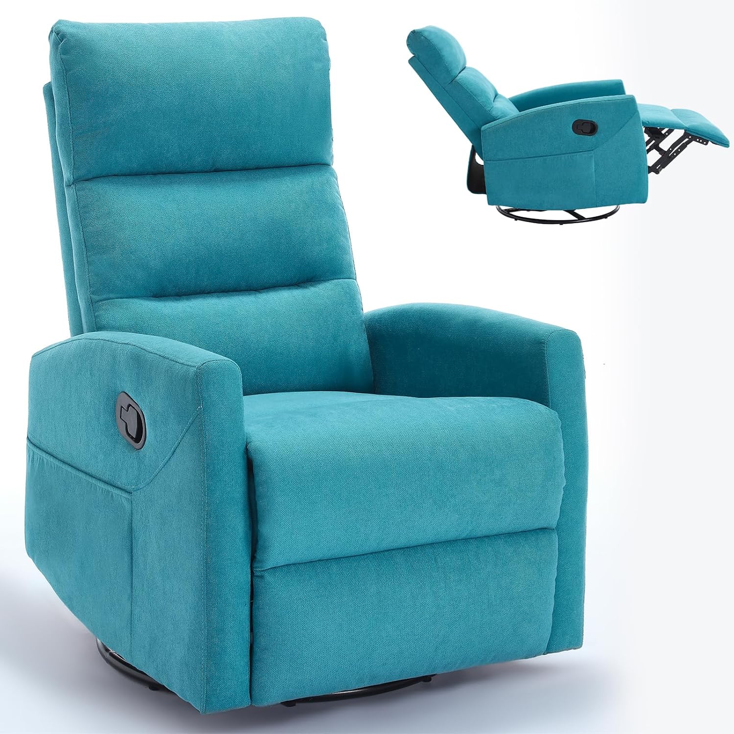 360° Swivel Rocking Chair for Nursery, Manual Glider Chair Nursing Chair with Side Pockets, Polyester Glider for Living Room, Heavy Duty Motion Mechanism, Blue