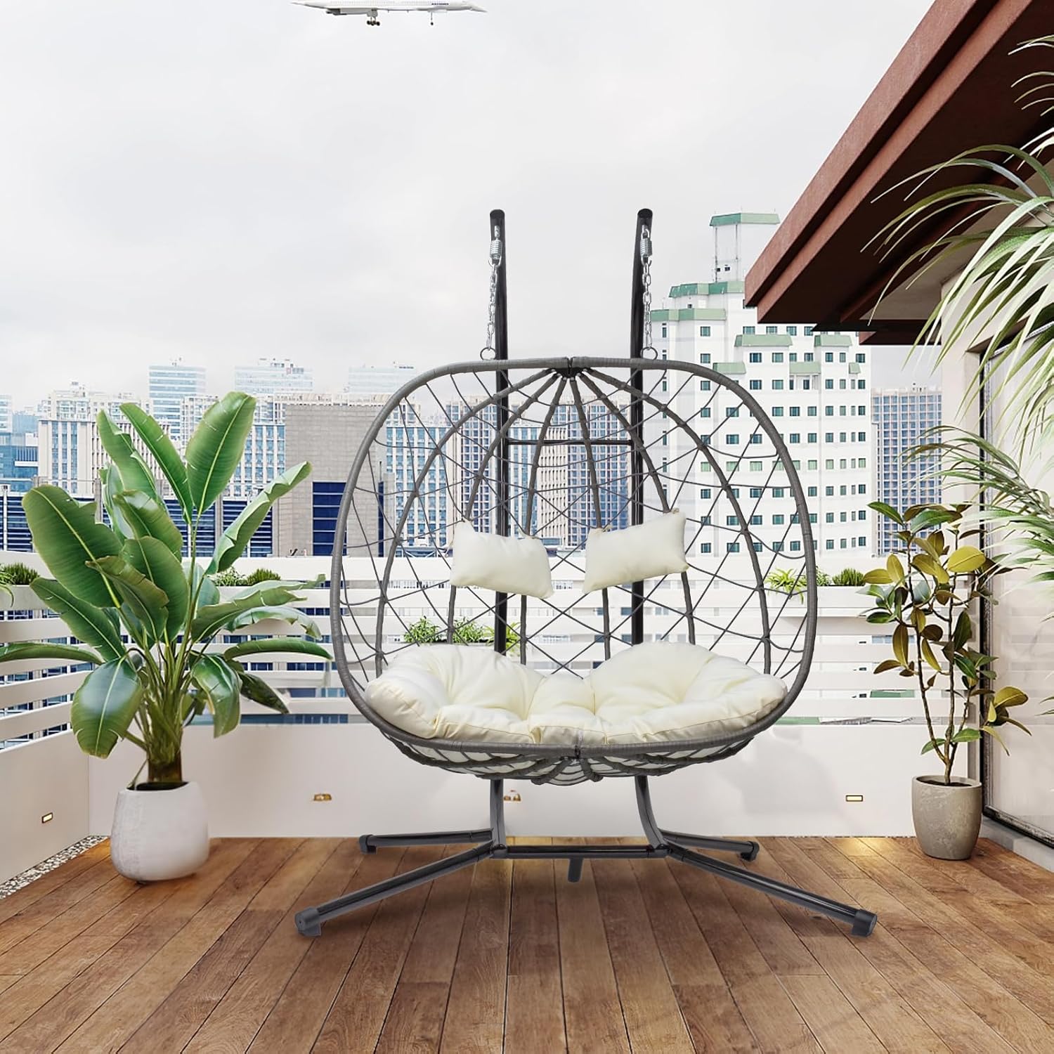 Egg Swing Chair with Stand, Outdoor Patio 2 Person Hanging Wicker Hammock Chairs with Cushion for Indoor Bedroom, Lawn, Garden