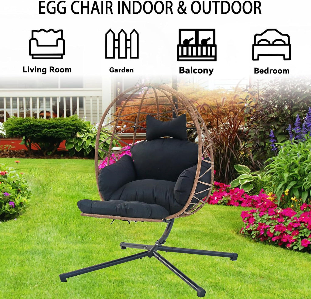 Hanging Egg Chair with Stand & Leg Rest,Rattan Wicker Swing Chair with Cushion,Patio Basket Hanging Chair Wicker Hammock Chair for Indoor Outdoor Bedroom Garden,300LBS (Yellow Rattan&Black Cushion)