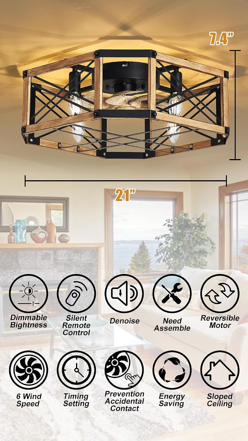 21'' Flush-Mount Ceiling Fan with Dimmable-Light and Memory Remote, Reversible-Motor, Perfect for Bedroom, Living room, Kitchen, Outdoor Gazebo, Patio, Low-Profile Design Farmhouse Cage, White Oak