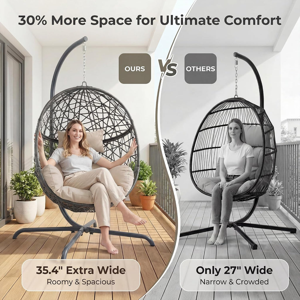 BULEXYARD Oversized Hanging Egg Chair with Stand, Indoor Outdoor Grey Wicker Bird Cage Swing Chair, Patio Hammock Swinging Chair with Beige Cushion for Balcony, Porch, 350lbs Capacity