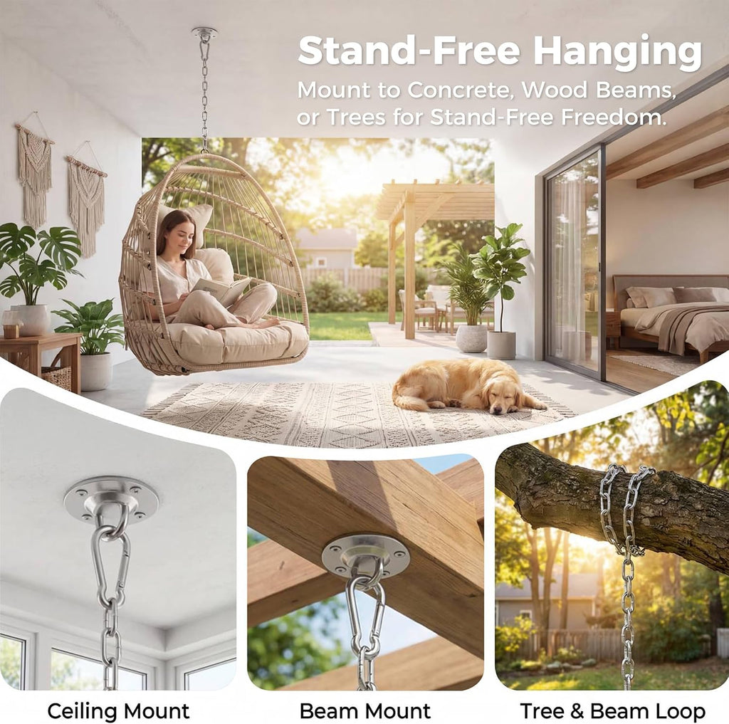 Nicesoul Outdoor Hanging Egg Chair Without Stand, Patio Wicker Swing Egg Basket Chairs with Padded Cushion, 350 Lbs Comfy Cozy Ceiling Tree Swinging Egg-Shaped Chair No Stand for Indoor Balcony, Beige