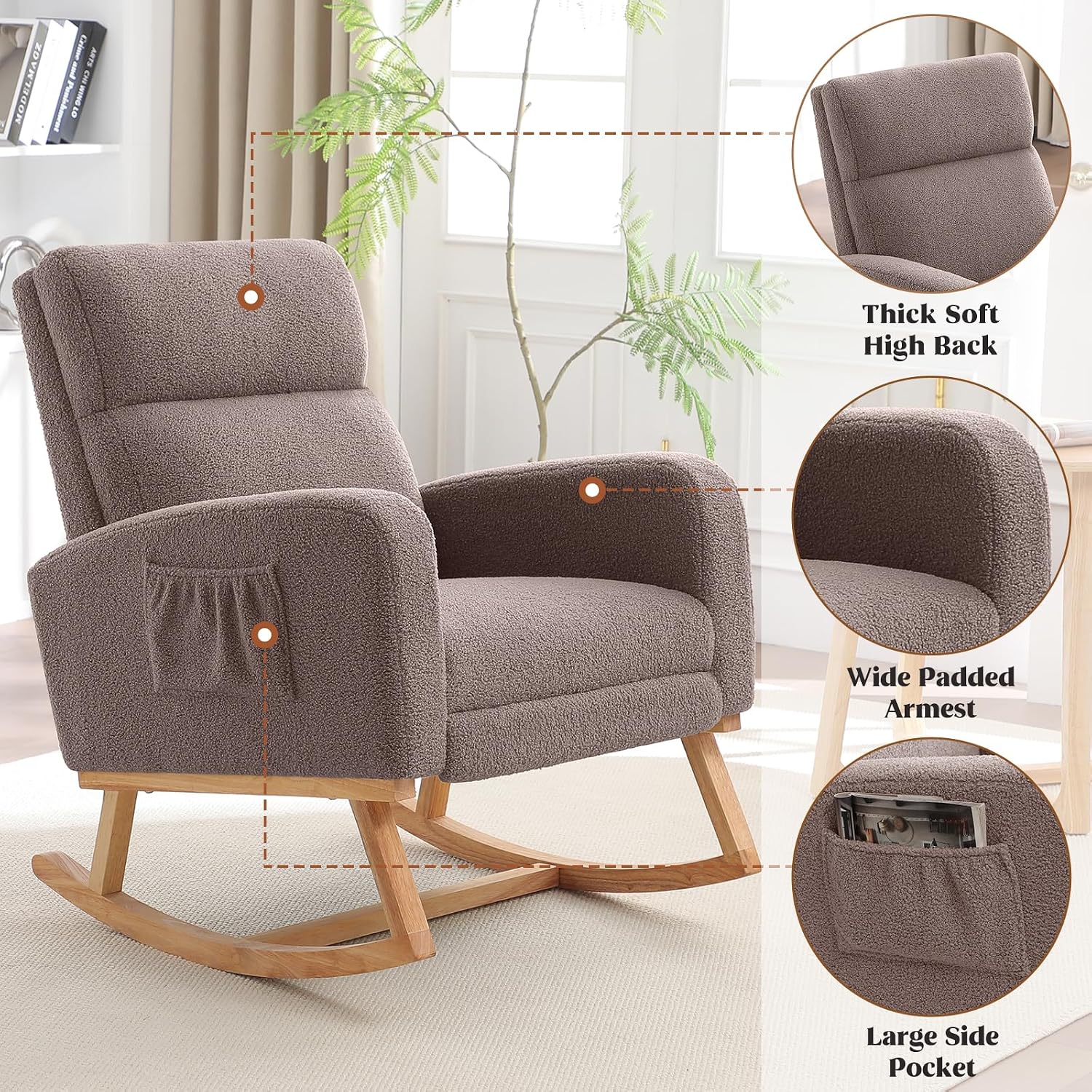 HCHAIRH Rocking Chair Nursery with Foot Rest, Nursing Rocking Chairs for Mom Nursery, Teddy Rocker Glider with High Backrest for Living Room, Bedroom, Coffee