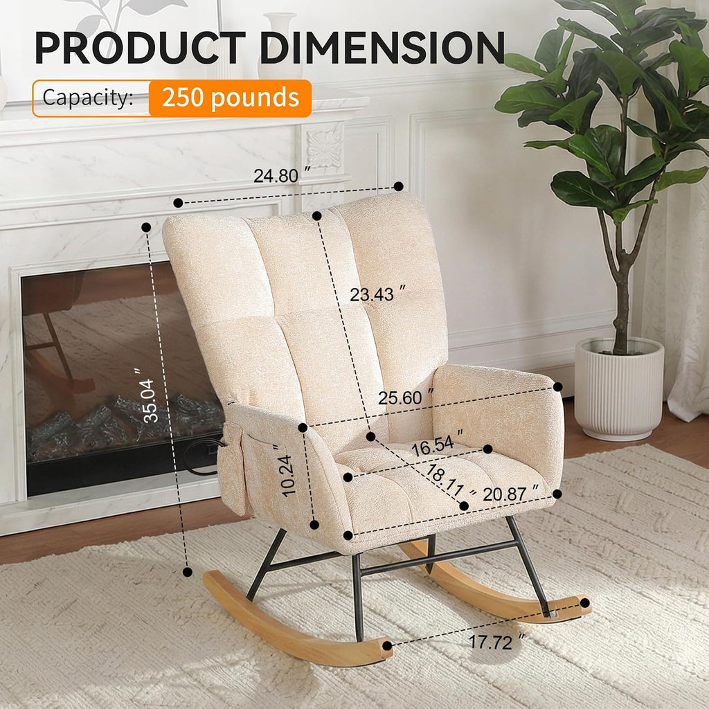 Rocking Chair with Airbag, Comfy Modern Reading & Nursing Nursery Rocking Chair Indoor, Cozy Upholstered Glider Rocker Chairs for Living Room Bedroom Offices, (Chenille, Beige)