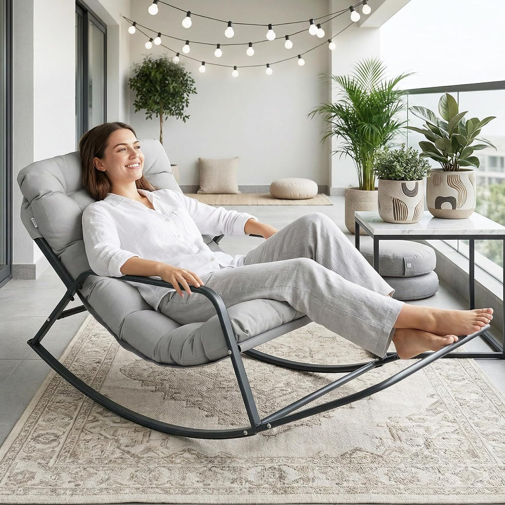 NICESOUL Papasan Rocking Chair with Footrest, Outdoor Rocking Chair with Cushion, Oversized Patio Rocker, Modern Lounge Comfort, Heavy Duty Steel Frame, Indoor Porch Garden, Grey