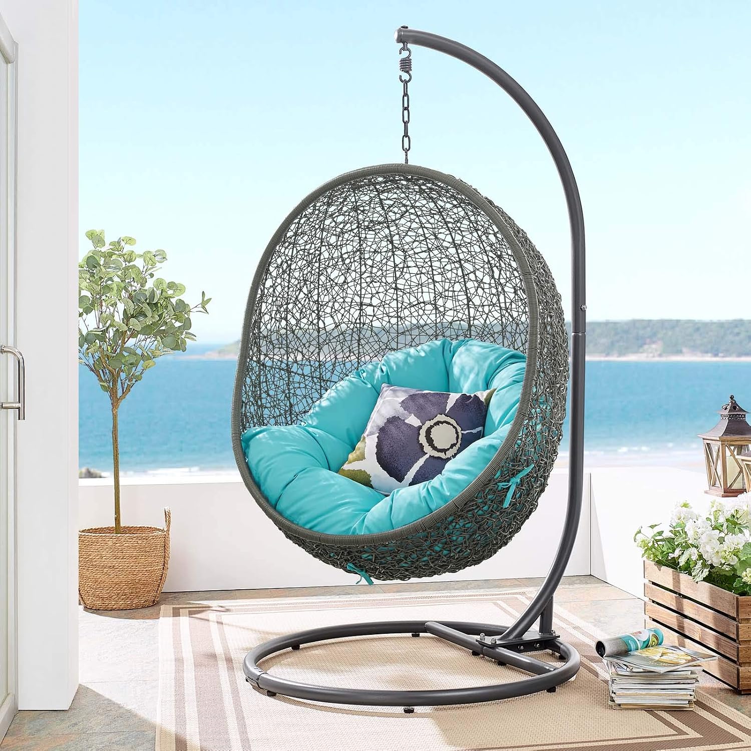 LexMod EEI-2273-GRY-TRQ Hide Outdoor Patio Swing Chair, Gray Turquoise