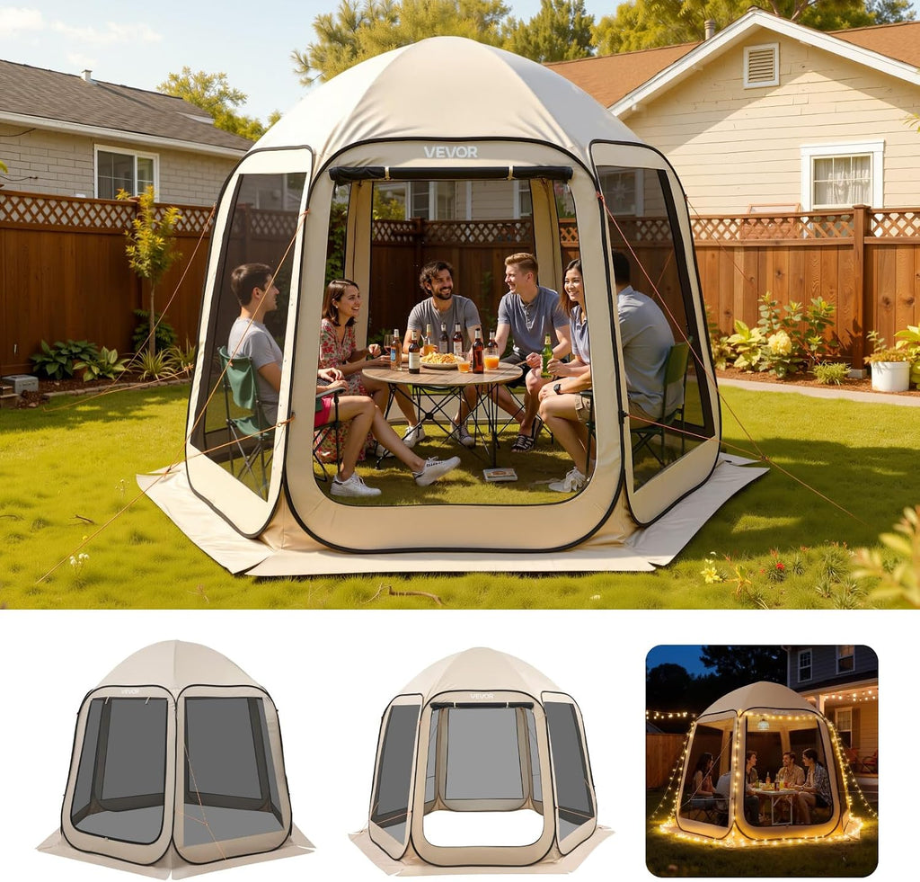 VEVOR Pop up Screen House Tent, 10 x 9.2 ft, 4-8 Person Screen Gazebo, Portable Screened in Canopy with Carry Bag, Netting Sides, Ground Stakes, for Garden, Patio, Backyard, Outdoor Activities, Beige