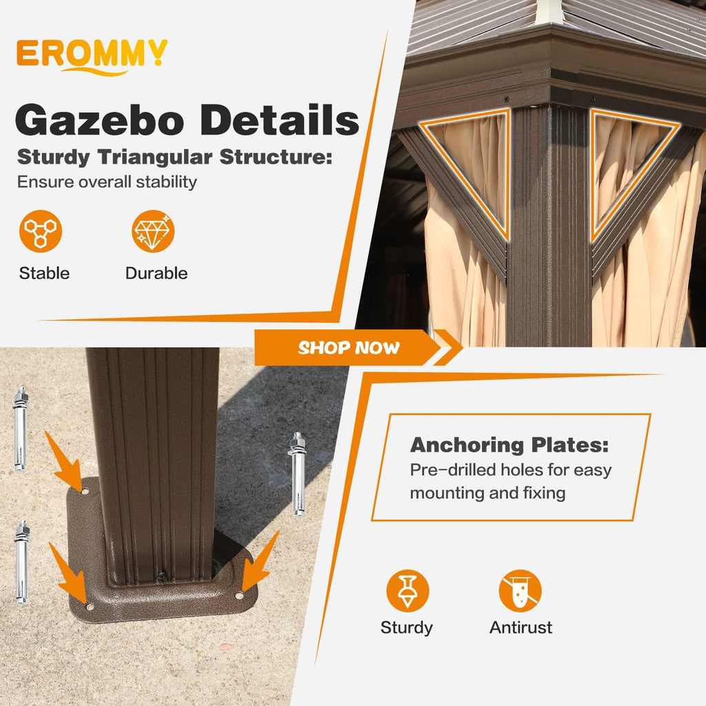 EROMMY 12' x 12' Gazebo Hardtop Double Roof Galvanized Steel Gazebos with Netting and Curtains Outdoor Aluminum Frame Permanent Metal Pavilion for Patio Backyard Deck and Lawns