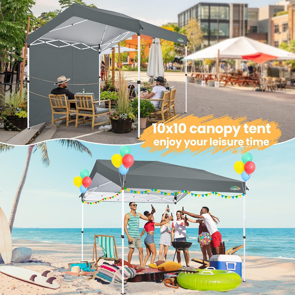 COBIZI Canopy Tent 10x10 Pop Up Outdoor Canopies with 4 Sidewalls Waterproof Commercial Instant Gazebo Tents for Party Patio Backyard with 4 Sandbags, 4 Stakes & 8 Ropes, Gray