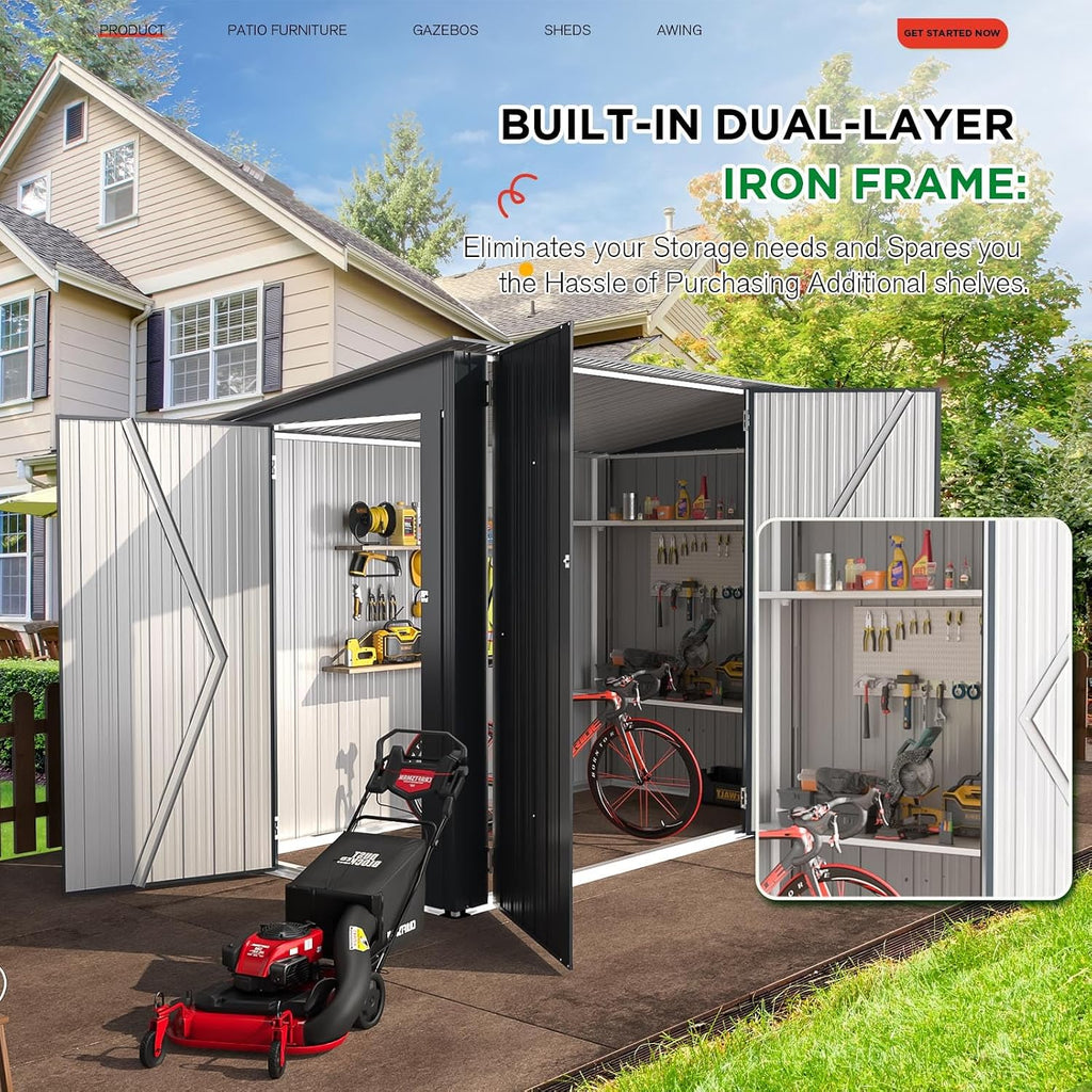 AECOJOY 4'x7' Outdoor Storage Lean to Shed,7x4 Outdoor Horizontal Metal Sheds & Outdoor Storage with Triple Lockable Door, Small Metal Storage Cabinet for Bicycles, Tools Storage for Garden Use