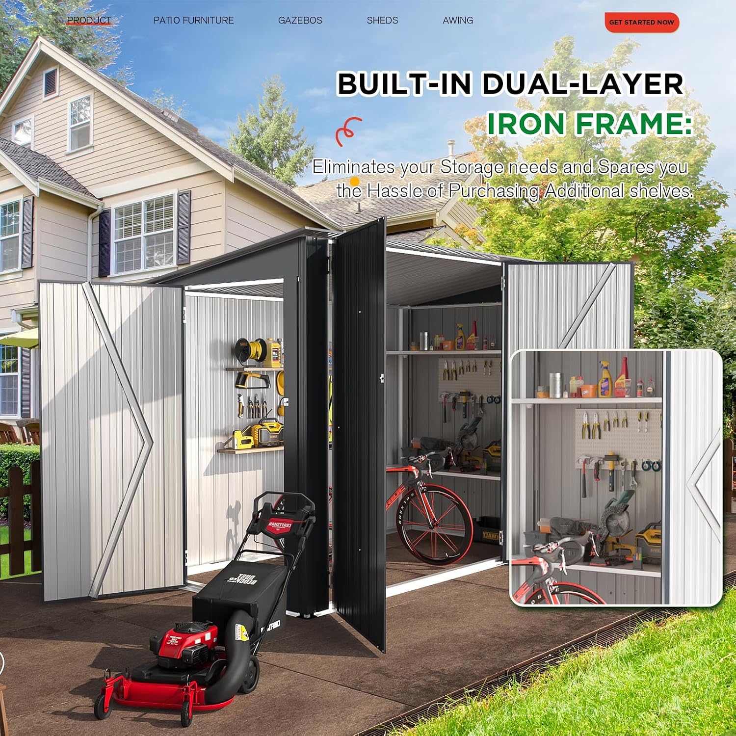 AECOJOY 4'x7' Outdoor Storage Lean to Shed,7x4 Outdoor Horizontal Metal Sheds & Outdoor Storage with Triple Lockable Door, Small Metal Storage Cabinet for Bicycles, Tools Storage for Garden Use