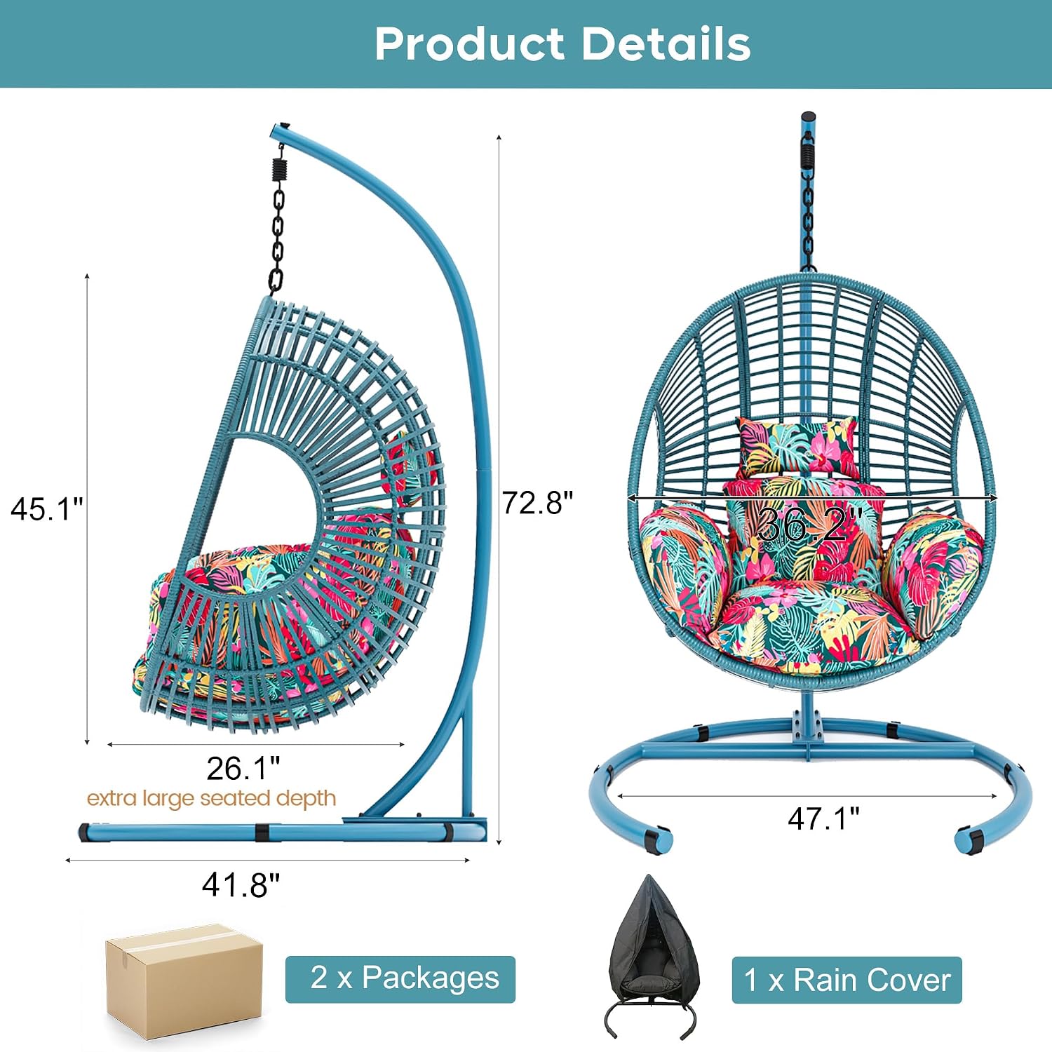 Hanging Egg Chair with Stand, Outdoor Swing Egg Chair with Rain Cover, 400 LBS Capacity All-Weather PE Wicker Swing Chair with Waterproof Cushions