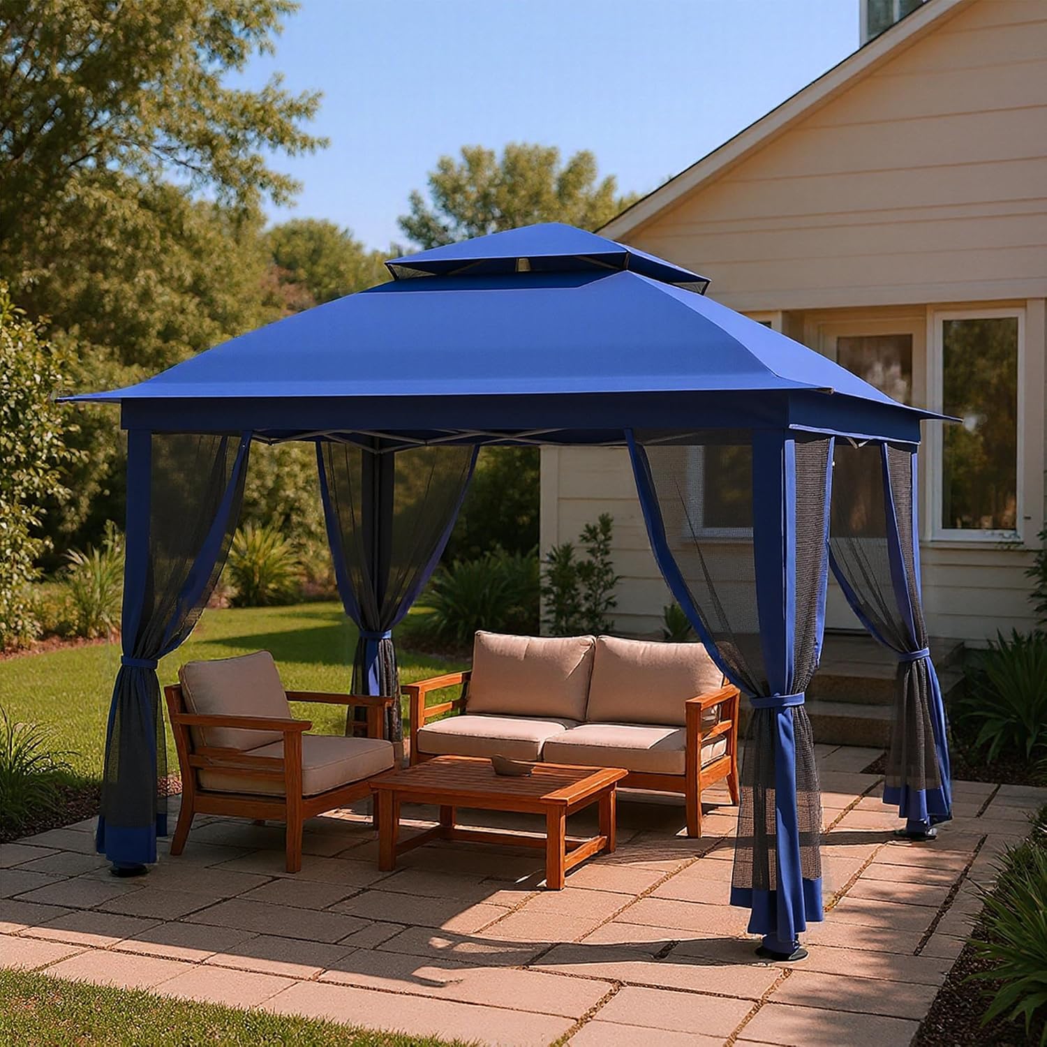 Pop Up Gazebo 11x11, Outdoor Instant Canopy Shelter Tent with Mosquito Netting Metal Frame Storage Bag for Patio Garden Backyard.(Dark Blue) (Dark Blue)