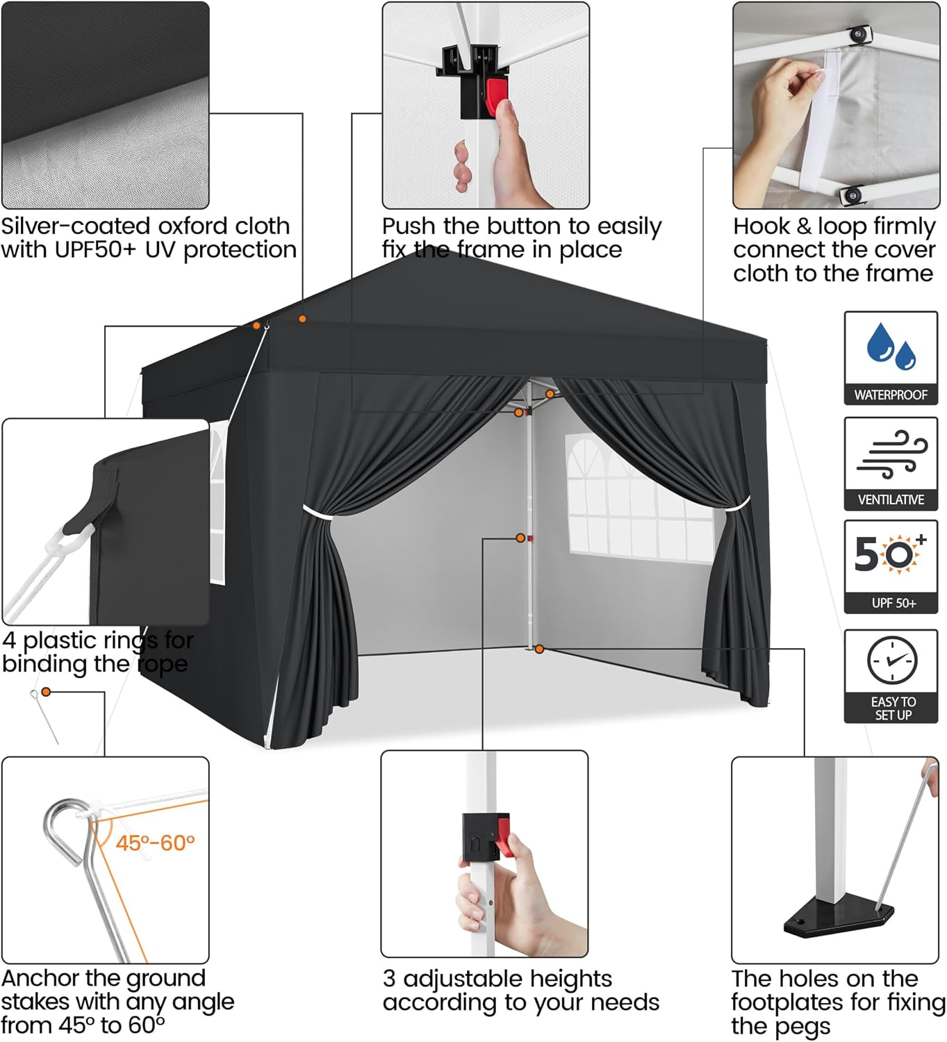 Yaheetech 10x10 Pop Up Canopy with 4 Removable Sidewalls, Portable Enclosed Instant Tent, Waterproof Outdoor Tent, Beach Sun Shelter with 4 Sandbags, 12 Stakes & 4 Ropes, Black