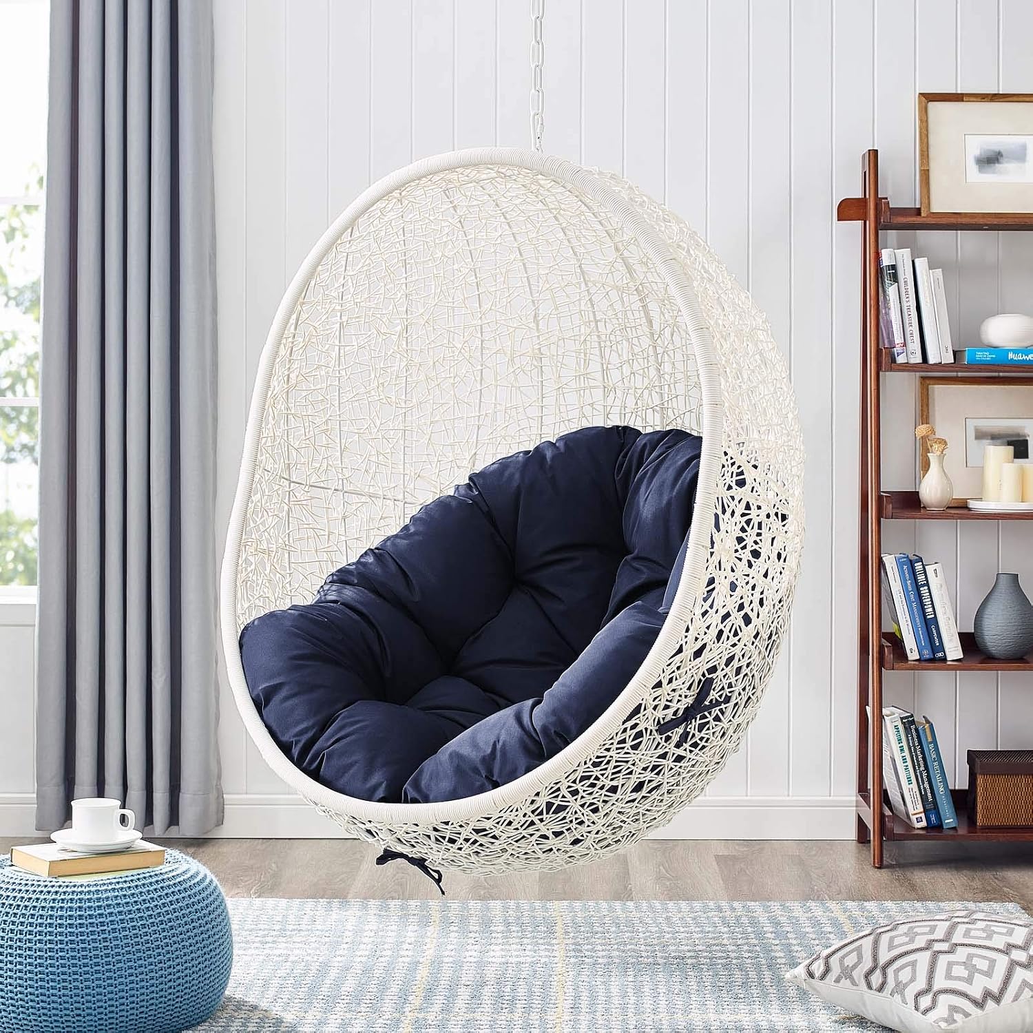 Modway Hide Wicker Rattan Outdoor Patio Porch Lounge Egg Swing Chair Set with Stand in White Navy