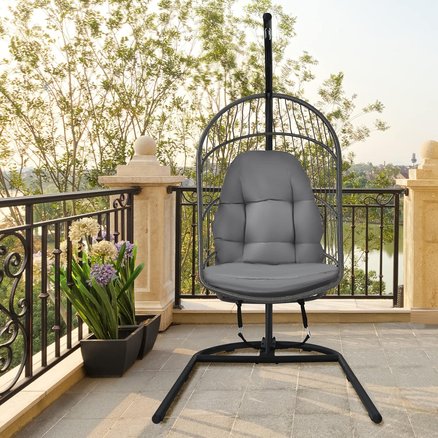 Giantex Hanging Egg Chair with Stand, Outdoor Indoor Foldable Swing Chair with Cushions, Rattan Hanging Basket Chairs with C Hammock Stand, Hanging Hammock Chair for Bedroom Balcony Patio (Grey)