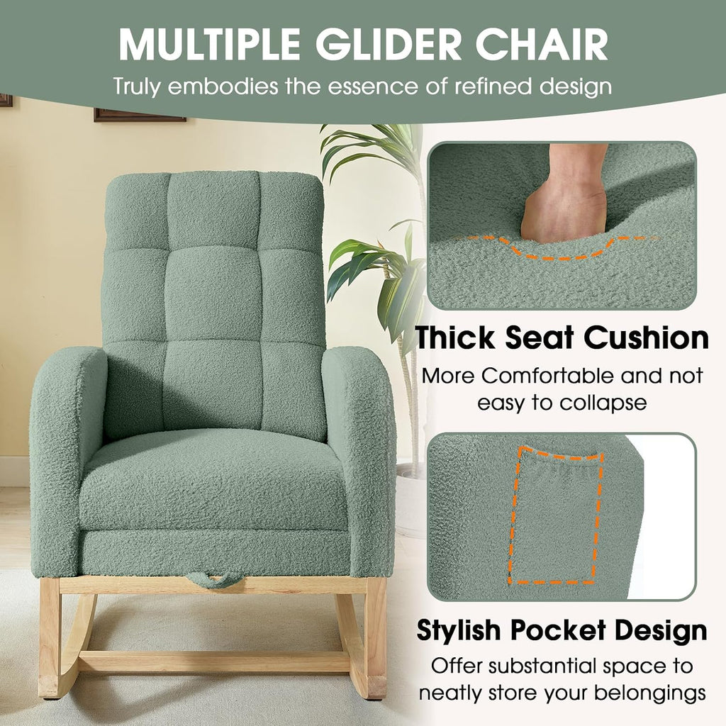 NIOIIKIT Modern Nursery Rocking Chair, Teddy Upholstered Rocking Chair with Footrest, Comfortable Rocker Chair with Side Pocket, Rocker Chair for Living Room, Bedroom, Nursing Room (Green)