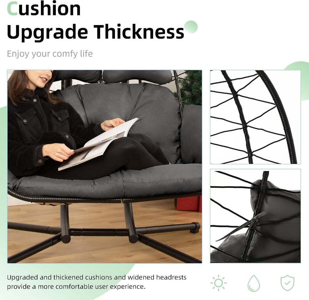 Double Egg Chair with Stand Hammock Swing Chair Foldable Hanging Loveseat, UV Resistant Removable Cushions, 700LBS Capacity for Bedroom, Balcony, Garden(BK-GR)