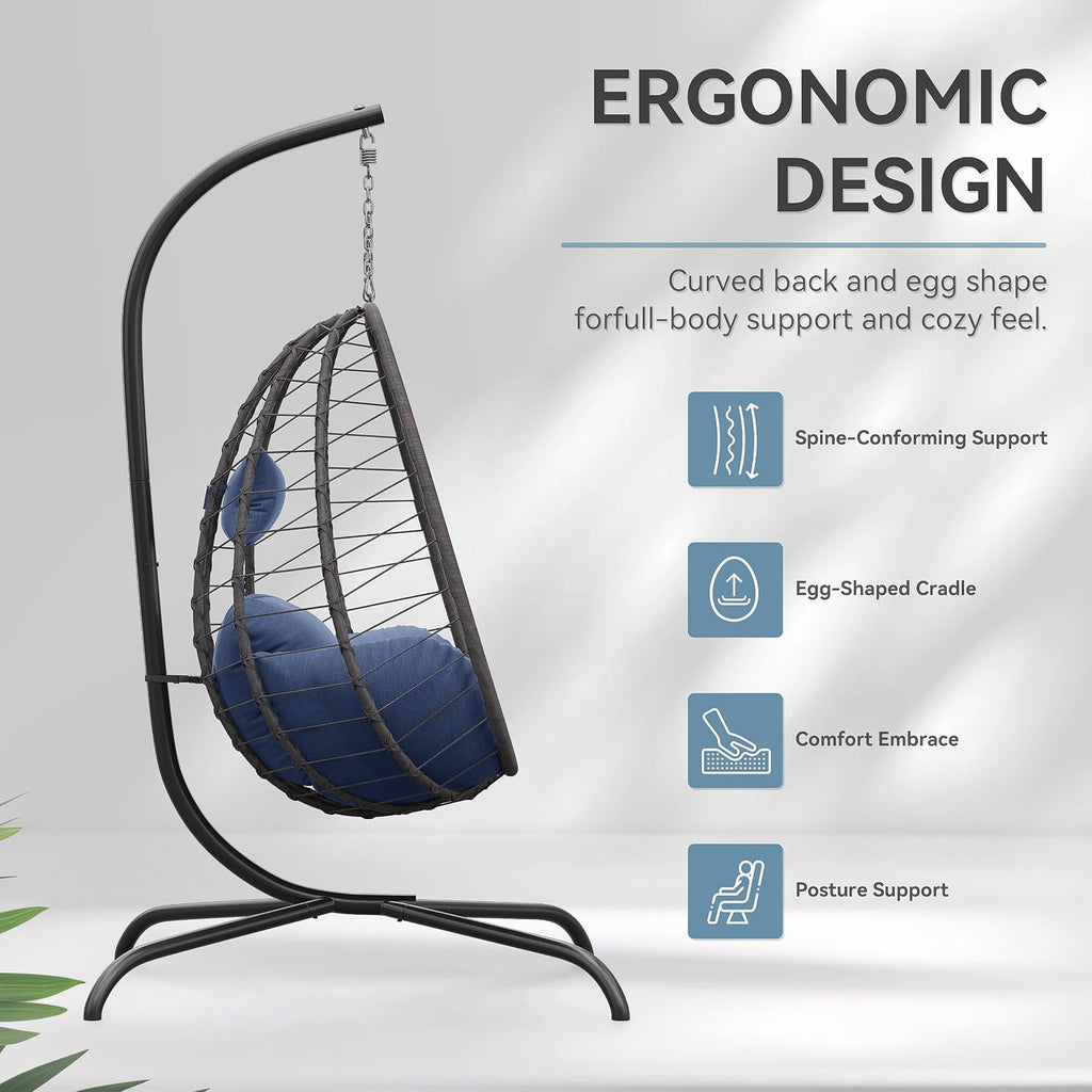 ALAULM Foldable Egg Chair with Stand, 485LBS Capacity Wicker Rattan Hammock Swing Chair for Outdoor & Indoor, Patio Hanging Chair with Strong Frame & UV Resistant Cushion for Balcony, Bedroom, Blue