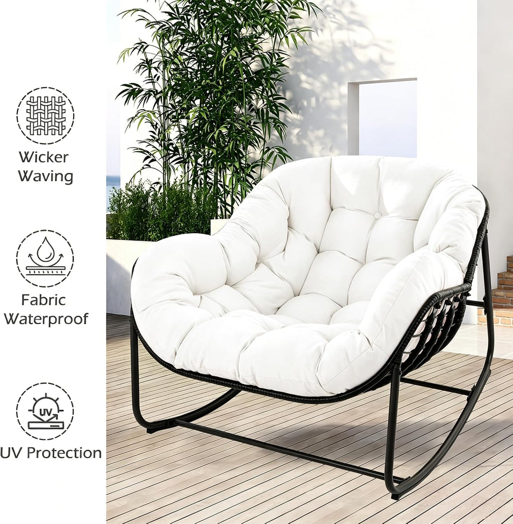 Papasan Rocking Chair, Oversized Papasan Chair with Cushion and Frame for Indoor& Outdoor,Egg-Shaped Patio Rocking Chair for Garden, Deck, Living Room, White