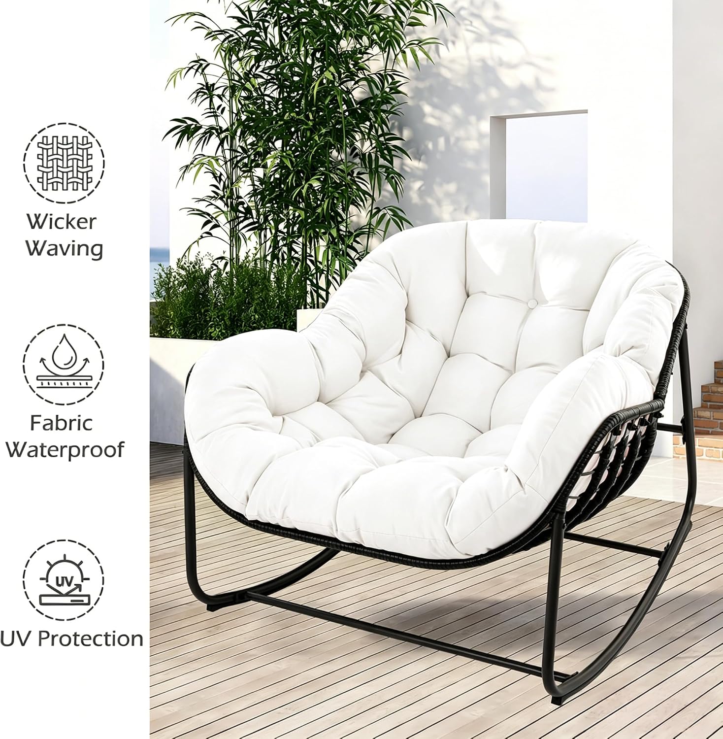 Papasan Rocking Chair, Oversized Papasan Chair with Cushion and Frame for Indoor& Outdoor,Egg-Shaped Patio Rocking Chair for Garden, Deck, Living Room, White