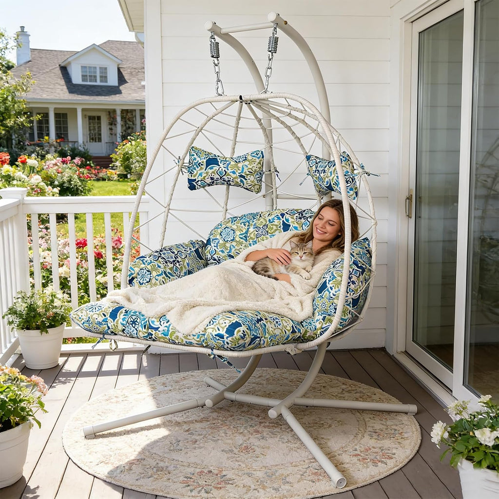 Double Outdoor Egg Chair with Stand, 2 Person Hanging Egg Chair with Adjustable Footrest Outdoor, Oversized Wicker Hammock Swing Chair with Thickened Cushions, 660Lbs (White Frame Patterned Cushion)