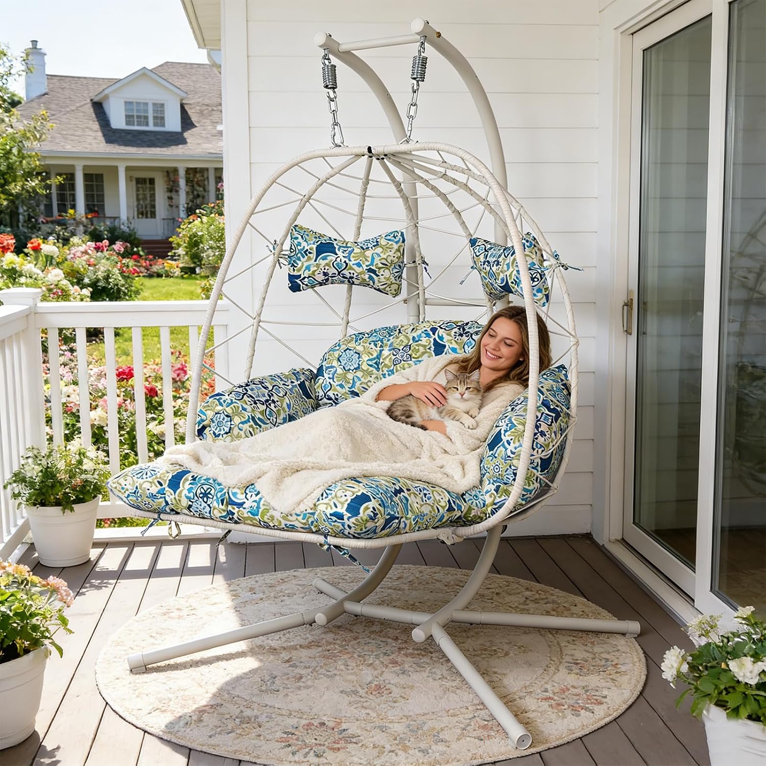 Double Outdoor Egg Chair with Stand, 2 Person Hanging Egg Chair with Adjustable Footrest Outdoor, Oversized Wicker Hammock Swing Chair with Thickened Cushions, 660Lbs (White Frame Patterned Cushion)