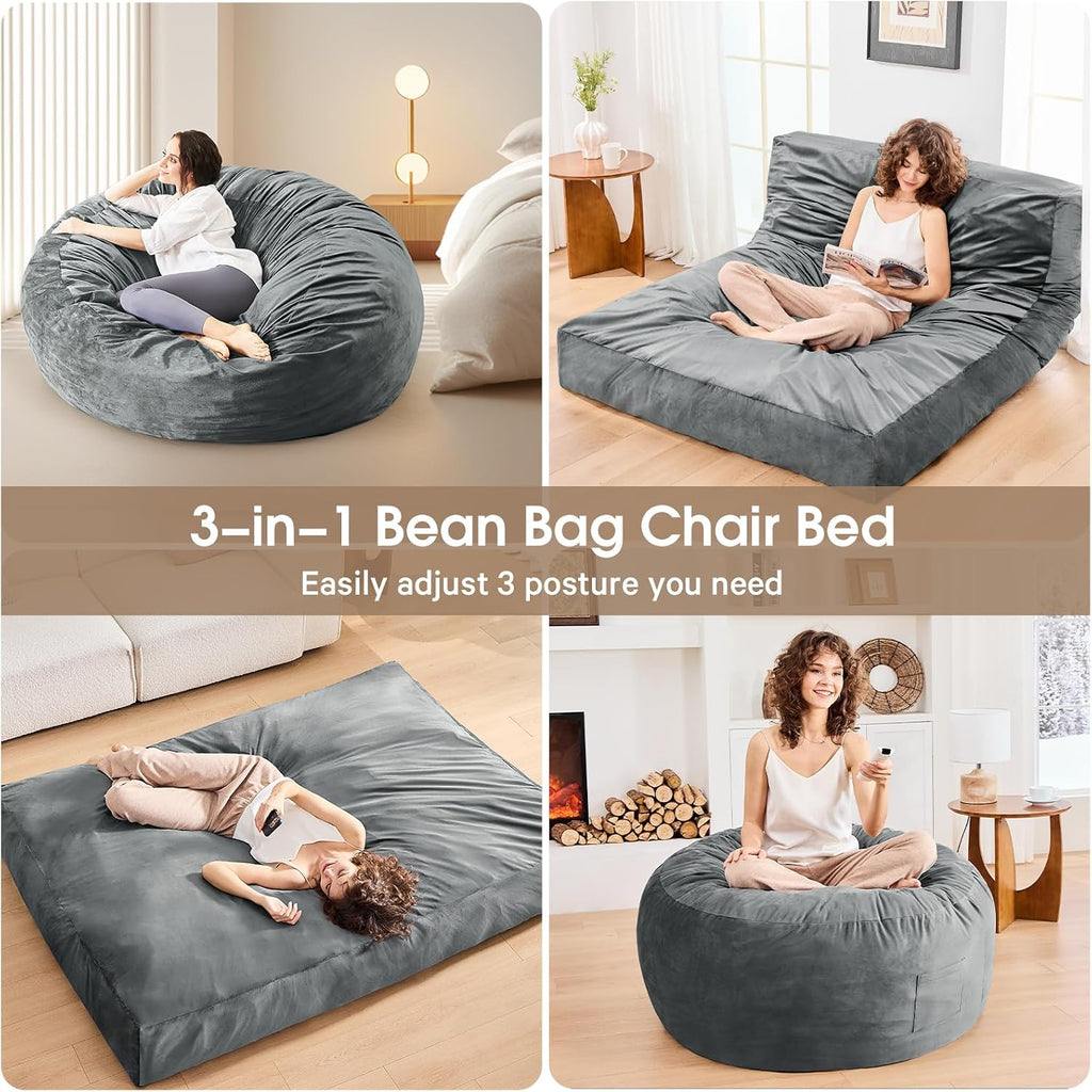Bean Bag Chairs for Adults - Giant Bean Bag Chair Convertible Bean Bag Bed - Beanbag Chair with Micro Fiber Cover/Furniture Foam Filler - Floor Couch Sofa in Bedroom Dorm Room - Queen Charcoal