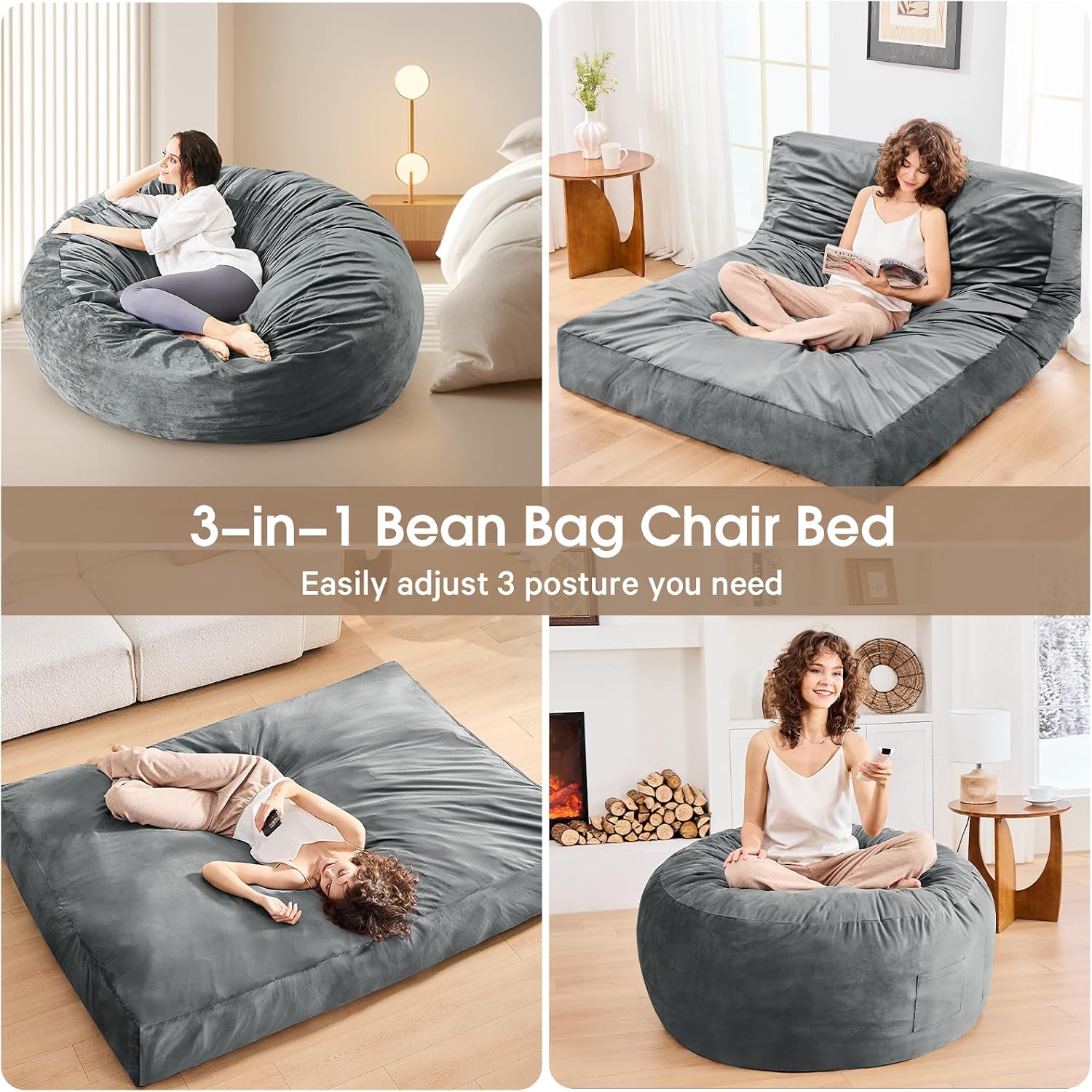 Bean Bag Chairs for Adults - Giant Bean Bag Chair Convertible Bean Bag Bed - Beanbag Chair with Micro Fiber Cover/Furniture Foam Filler - Floor Couch Sofa in Bedroom Dorm Room - Queen Charcoal
