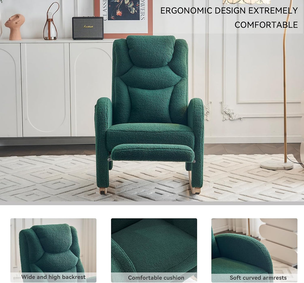 FOXHUNTER Rocking Chair Nursery, Modern Glider Chair with Adjustable Footrest and Solid Wood Legs, High Backrest Nursery Chair with Side Pocket, Rocker Armchair for Living Room Bedroom, Teddy Green