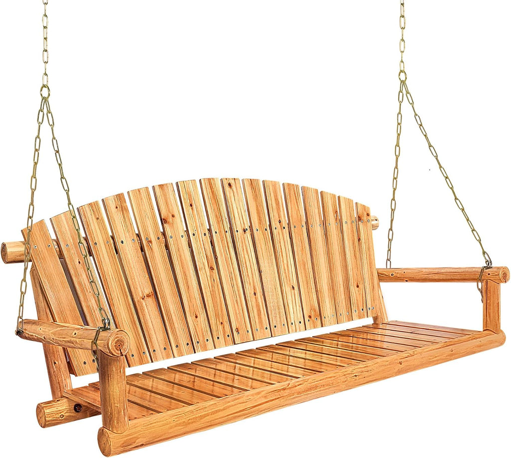 Outdoor Porch Swing Front Porch Hanging Wooden Bench Swing 3 Seat Chair for Garden, Patio, Backyard, Playground, Log Wood 800Lbs, 5 Ft, Lightly Toasted