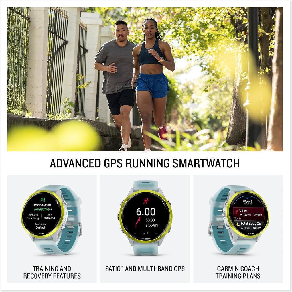 Garmin Forerunner 570 (47 mm, Amp Yellow/Translucent Whitestone/Turquoise) Running GPS Smartwatch - AMOLED Display, Training - Gift Box Bundle w/PlayBetter HD Screen Protectors, Wall Adapter & Case