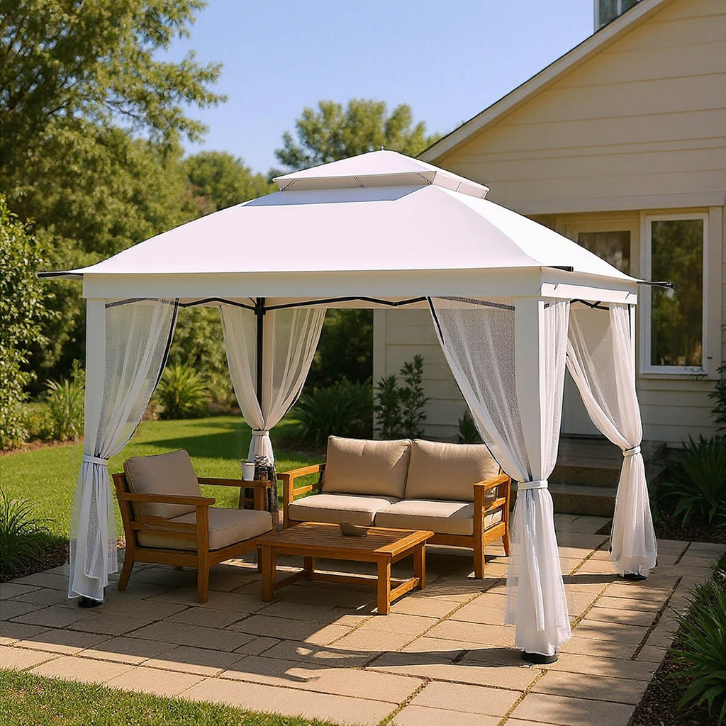 Pop Up Gazebo 11x11, Outdoor Instant Canopy Shelter Tent with Mosquito Netting Metal Frame Storage Bag for Patio Garden Backyard.(White)