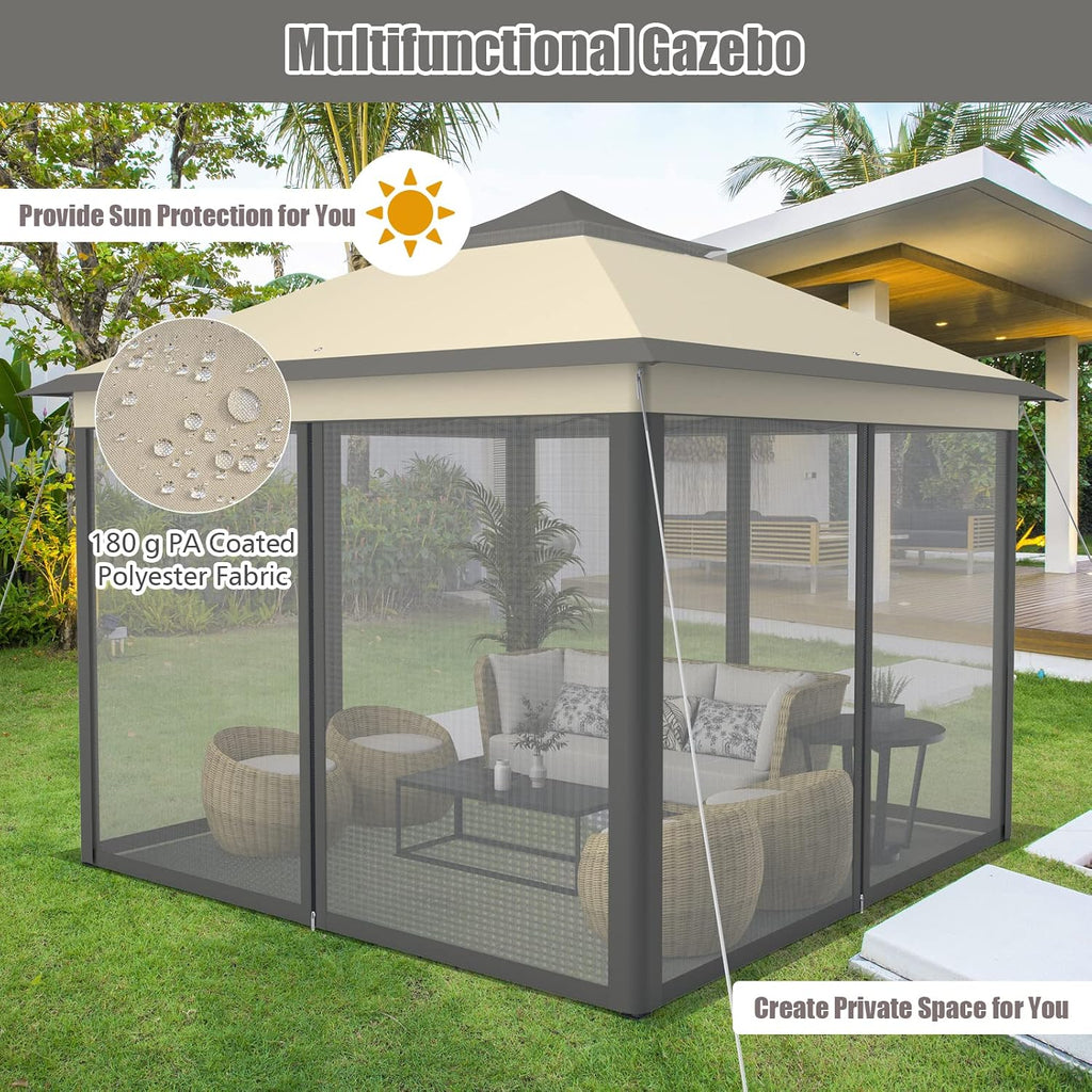 Tangkula 11x11 Ft Pop up Gazebo, 2-Tier Patio Gazebo with Netting, Carry Bag, Easy Set up Outdoor Gazebo with 121 Square Feet of Shade for Backyard, Deck, Poolside (Brown)