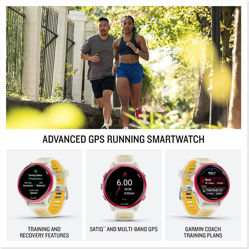 Garmin Forerunner 570 Running Smartwatch, 42MM WiFi, GPS Fitness Smart Watch for Men and Women, Raspberry Aluminum with Translucent Bone/Mango Band Bundle with P-Bank + More