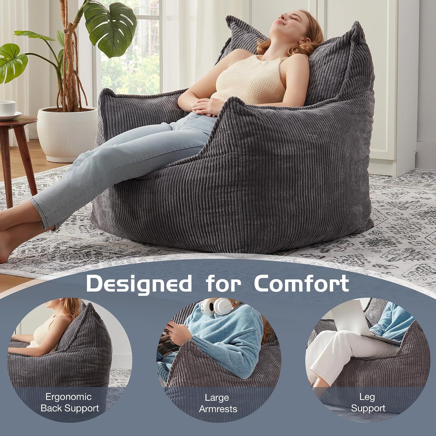 EBENCHICO Giant Bean Bag Chair Sofa for Adults Teens, Comfy Corduroy Large Bean Bag Chairs with Armrests for Bedroom Living Room, Adult BeanBag Lazy Sofa Couch Chairs with Filler Included