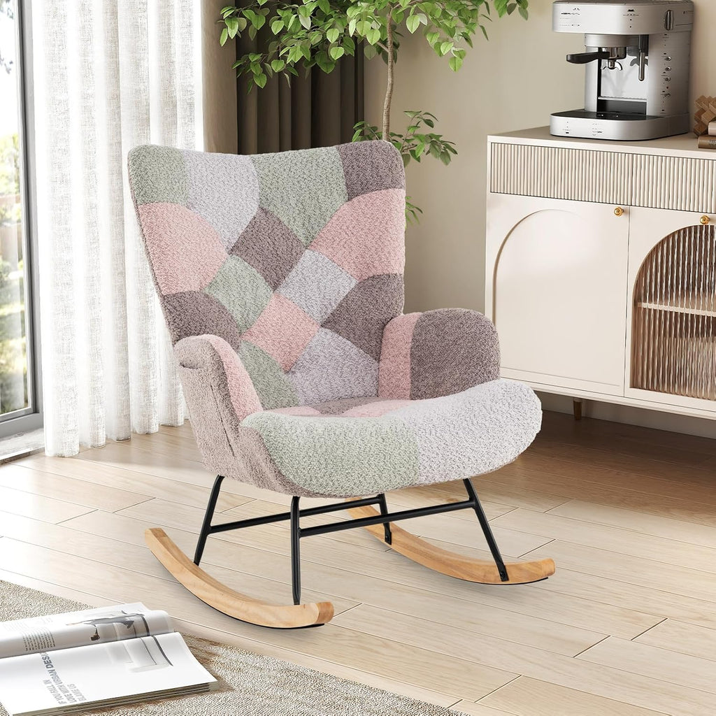 Giantex Rocking Chair Nursery, Boucle Upholstered Glider Rocker w/Ergonomic High Backrest, Rubber Wood Legs & Side Pocket, Patchwork Modern Accent Chair for Bedroom, Living Room, Offices