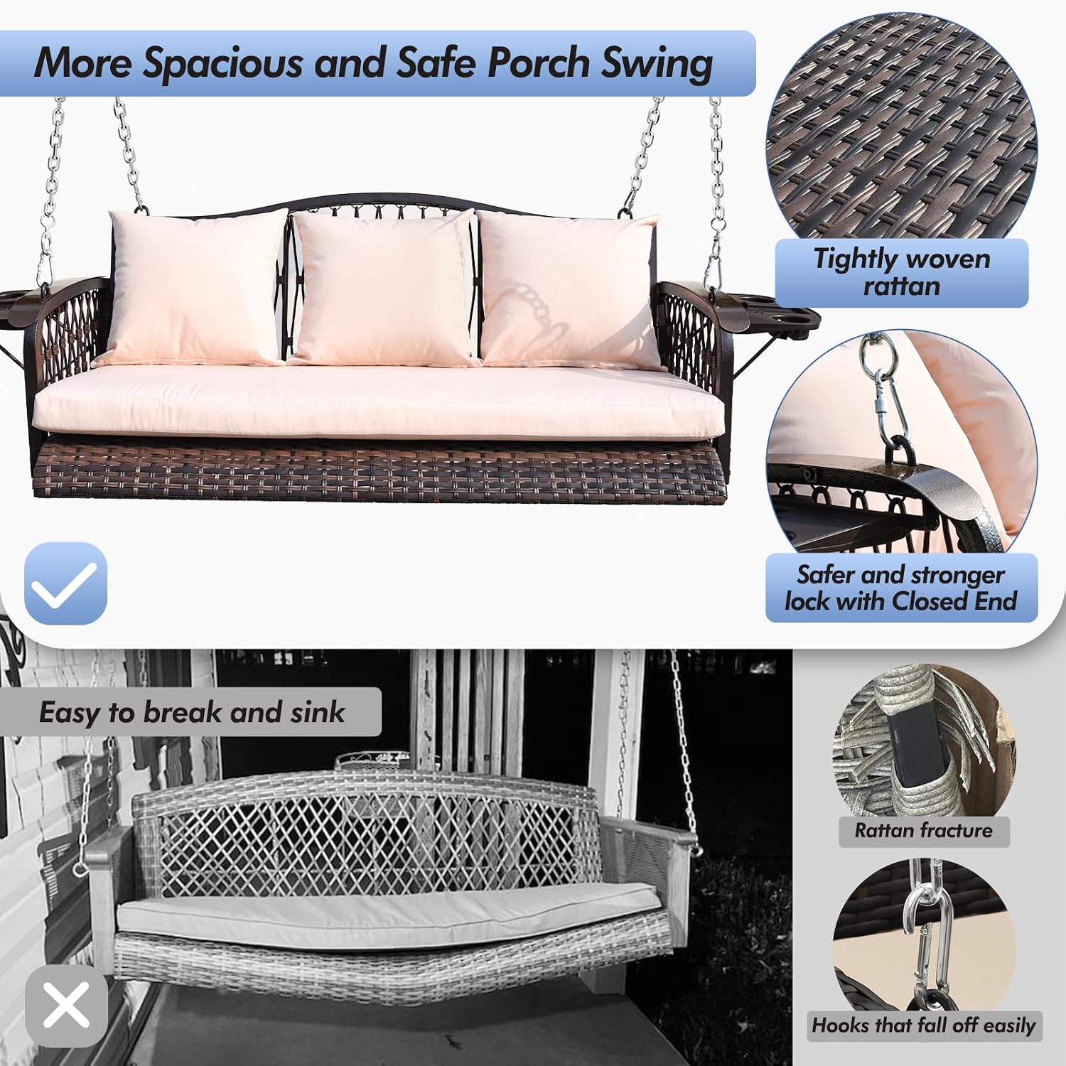 ZZW Wicker Porch Swing Heavy Duty 900 LBS 3-Seat Outdoor Patio Swing Chair with Cushions & 8.9ft Chains Outdoor Hanging Bench with Upgraded Cup Holders for Garden Deck Backyard