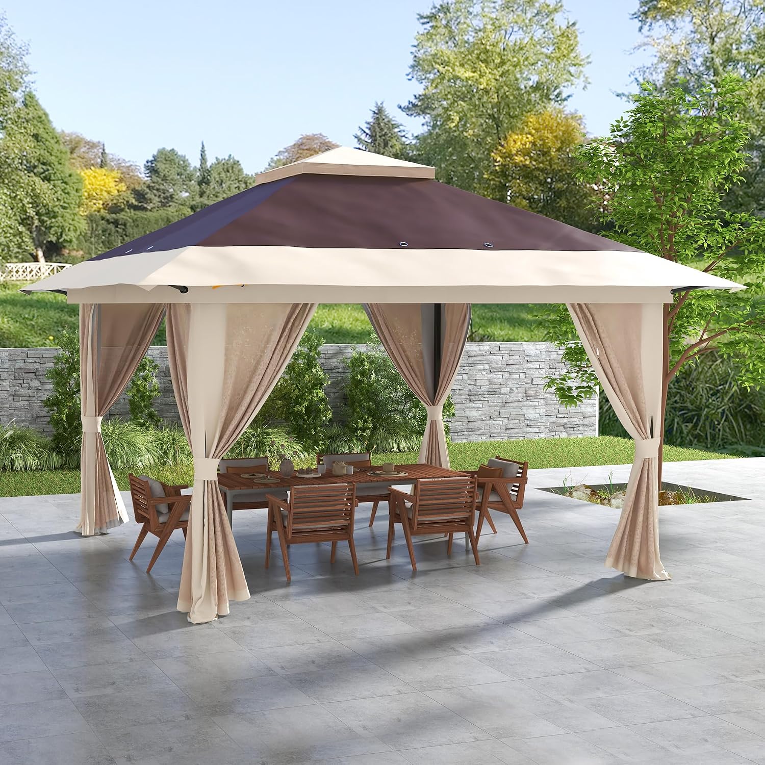 Outsunny 13' x 13' Pop Up Gazebo with Netting, UPF 50+ Instant Canopy Tent Shelter with Water/Sand Bags, Wheeled Carry Bag, for Outdoor, Garden, Parties, Brown