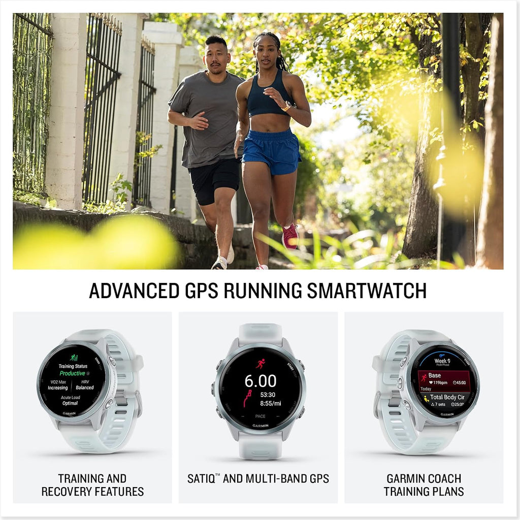Garmin Forerunner 570 (42 mm, Cloud Blue/Translucent Whitestone) Running GPS Smartwatch - AMOLED Display, Training - Gift Box Bundle with PlayBetter HD Screen Protectors, Wall Adapter & Case
