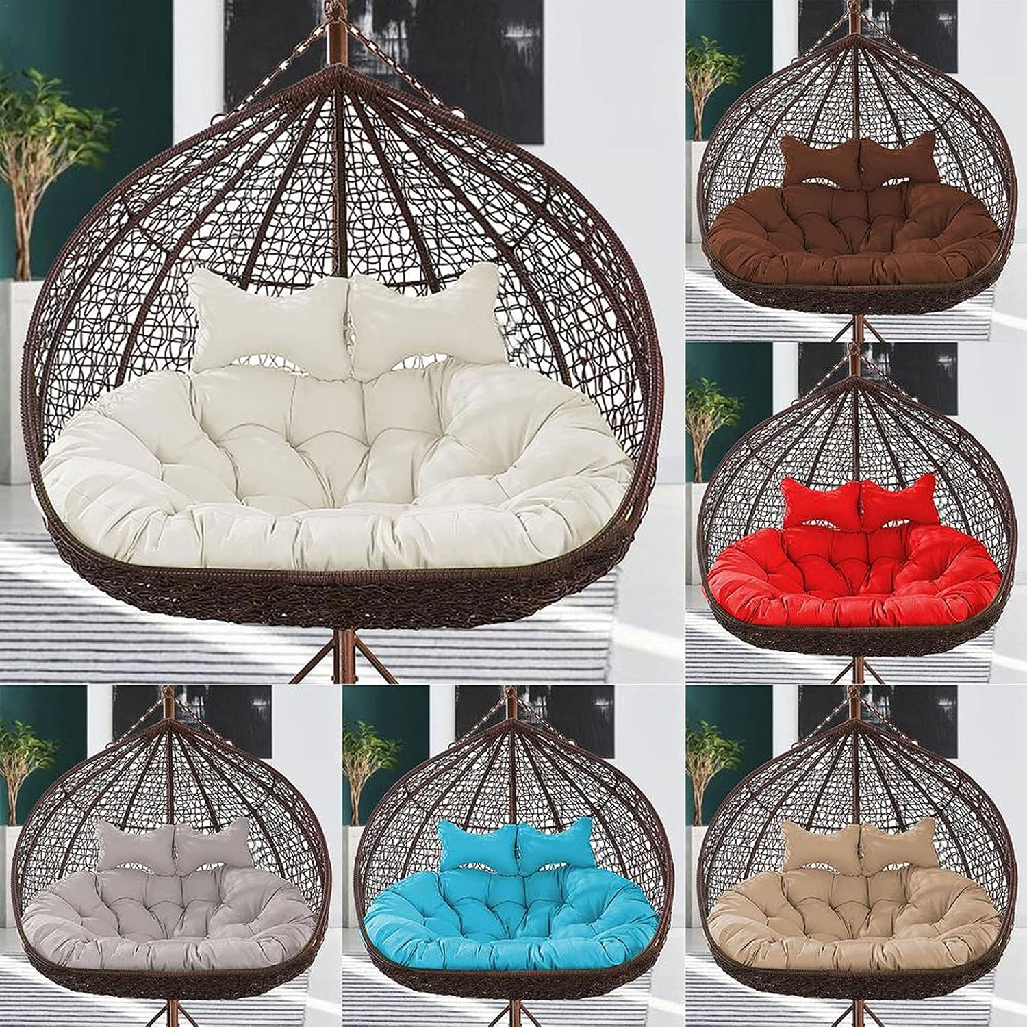 Double Swing Chair Cushion,Hammock Chair Cushions,Without Stand Thickening 2 Persons Seater Hanging Egg Swing Seat Cushion Washable for Garden-Brown 140x110cm(55x43inch)