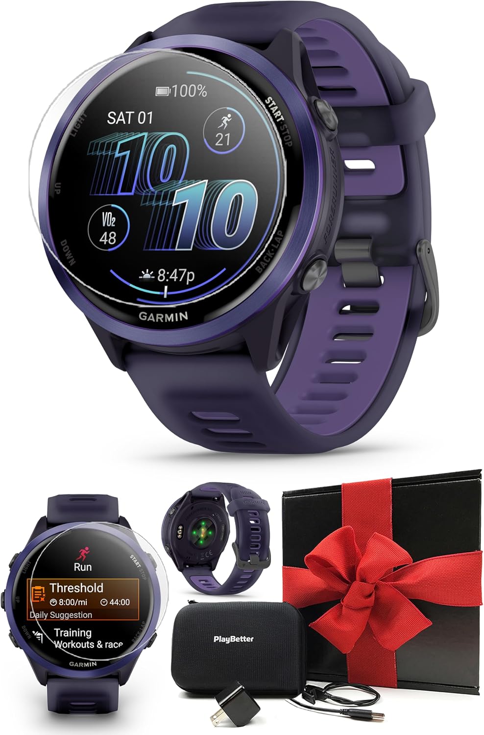 Garmin Forerunner 570 (47 mm, Indigo/Translucent Imperial Purple) Running GPS Smartwatch - AMOLED Display, Training - Gift Box Bundle with PlayBetter HD Screen Protectors, Wall Adapter & Case