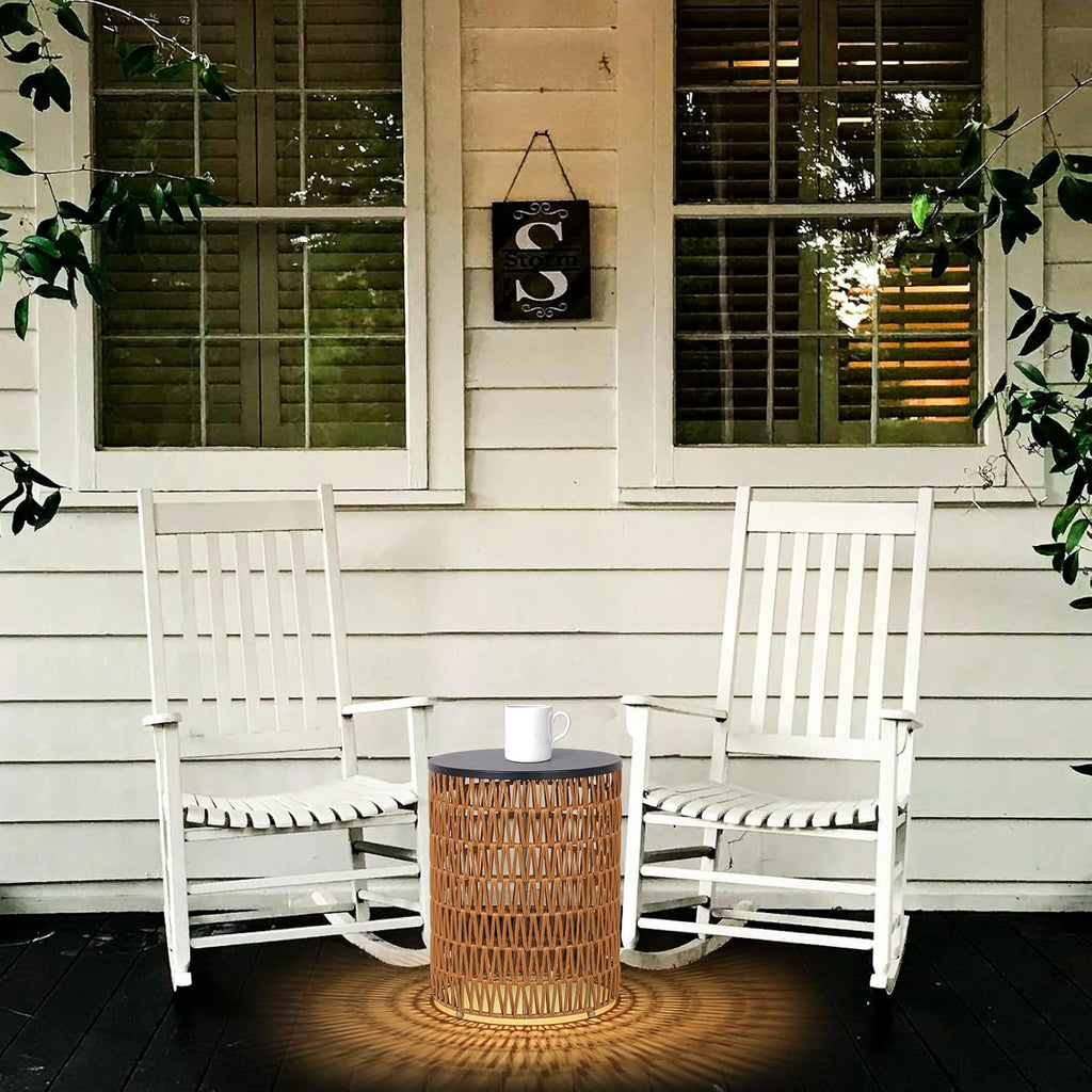 HMVPL Outdoor Side End Table with Dimmable Light Remote Control,2-Pack Small Round Patio Table with Timing Light,Outside Plastic Rattan Accent Bistro Desk for Poolside Backyard Balcony Gazebo Indoor