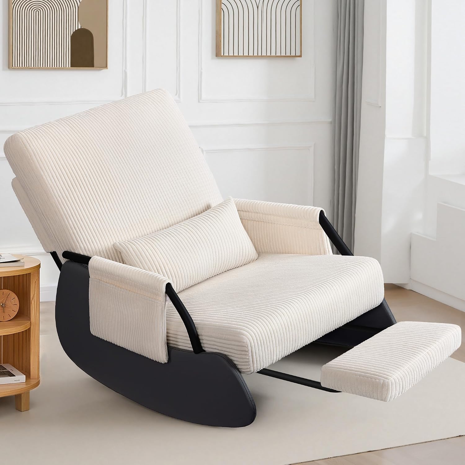 FelixKing Rocking Chair Nursery, Low-Seat Glider Chair, Upholstered Rocking Chair with Side Pocket and Foot Rest, Comfortable Modern Accent Armchair Recliner for Mom Nursery Living Room Bedroom Beige