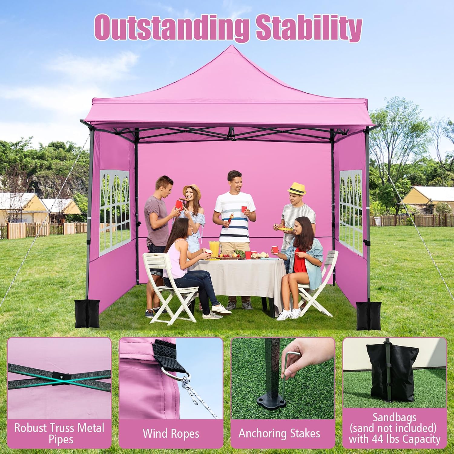 Tangkula 10x10 FT Pop Up Canopy, Outdoor Tent with 3 Sidewalls & Awning, Wheeled Bag, 4 Sandbags, 8 Stake, 4 Ropes, Portable Canopy Tent for Party Picnic Event Beach Camping (Pink)