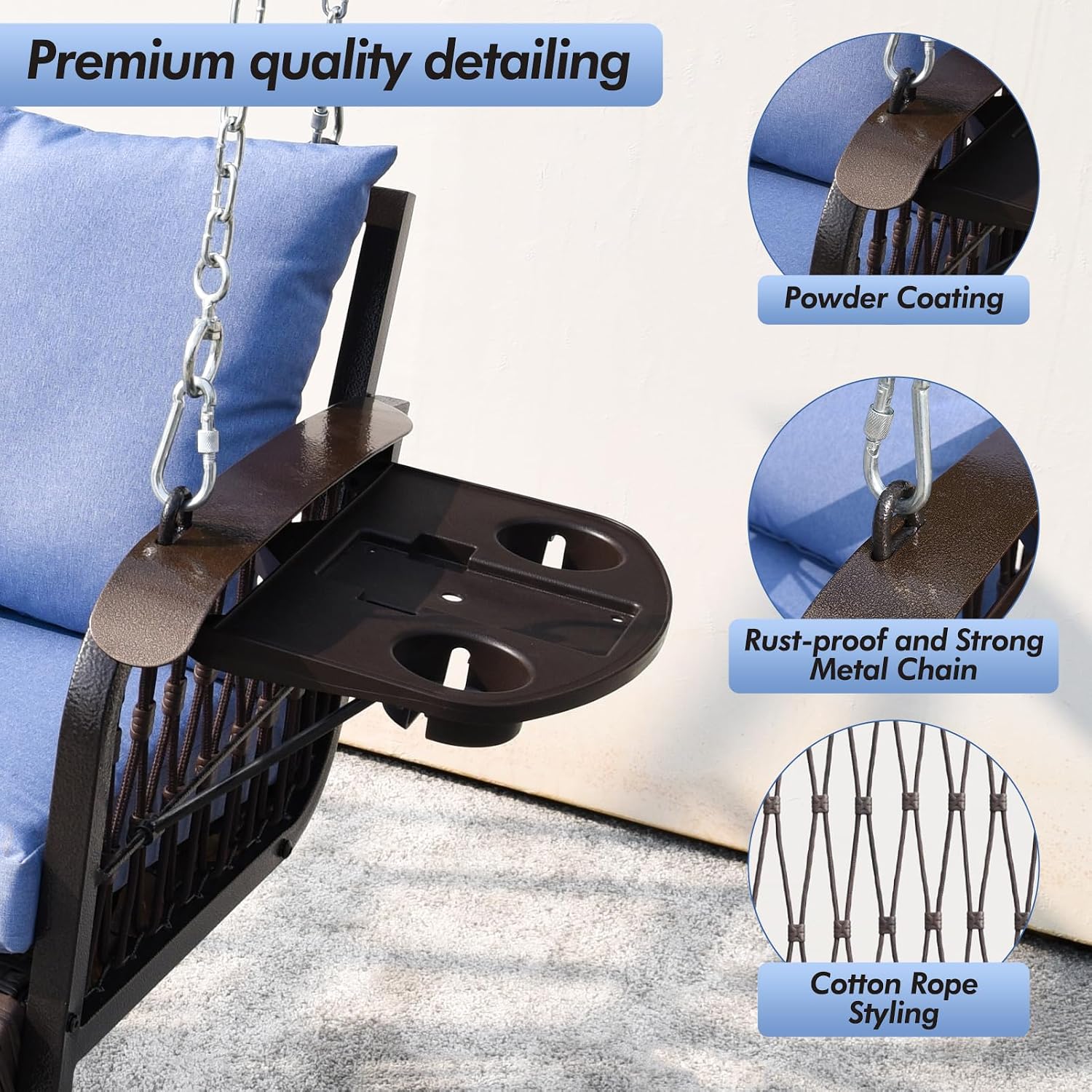 ZZW Wicker Porch Swing Heavy Duty 900 LBS 3-Seat Outdoor Patio Swing Chair with Cushions & 8.9ft Chains Outdoor Hanging Bench with Upgraded Cup Holders for Garden Deck Backyard