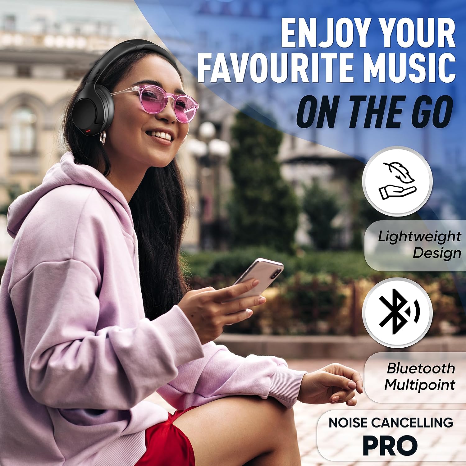 Philips Wireless Headphones Noise Cancelling, Stereo Over Ear Wireless Headphones with Removable Mic, Bluetooth Headset with Microphone, Lightweight and Touch Control, 55 Hours Playtime