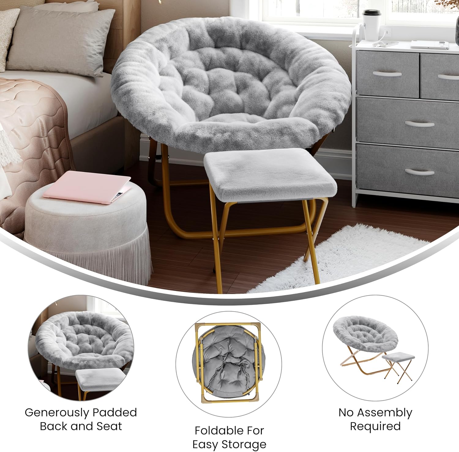 Flash Furniture Gwen Oversize Folding Saucer Chair with Ottoman, Faux Fur Moon Chair, Durable Steel Frame, for Dorm and Bedroom, 38', Gray/Soft Gold
