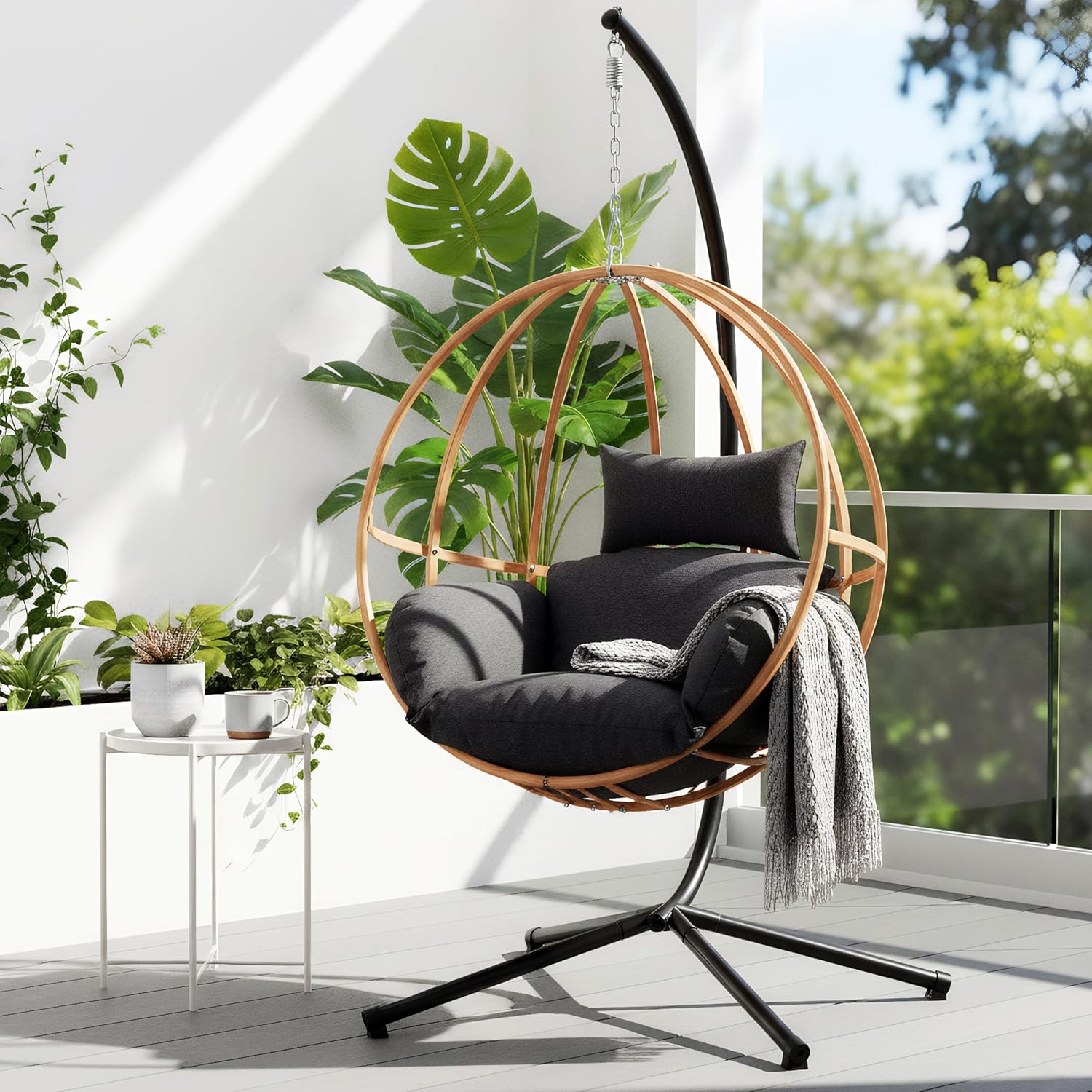 Hanging Egg Chair with Stand, Egg Swing Chair Outdoor for Balcony, Patio Hanging Egg Chairs with Cushions for Relaxation in Bedrooms, Gardens, Black